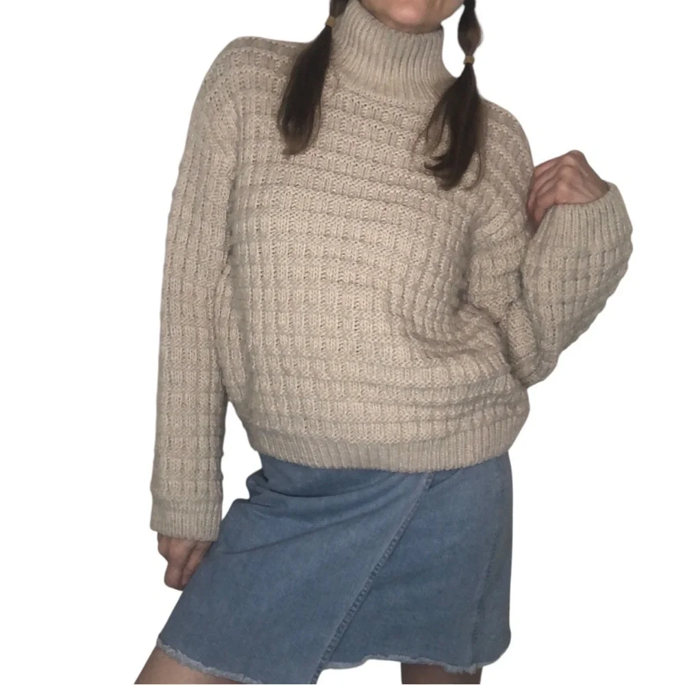 H&M Fisherman Sweater Oversized XS Cableknit Neutral Beige High Neck Preppy
